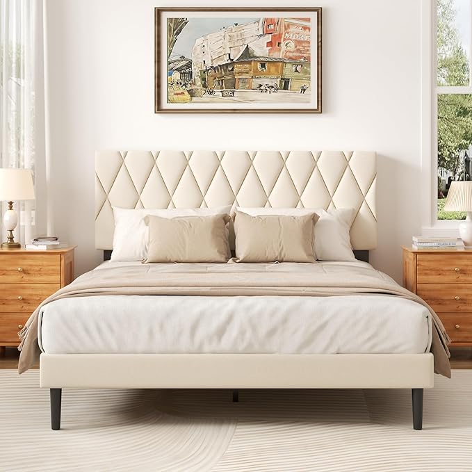 Full Size Bed Frame with Diamond Tufted Headboard, Velvet Upholstered Platform Bed and Wooden Slat Support, Noise-Free, No Box Spring Needed, Easy Assembly, Beige