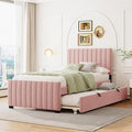 Twin Size Bed Frame with Trundle Bed,Velvet Upholstered Bed Frame,Twin Size Trundle Bed with Headboard,Upholstered Platform Bed Twin for Kids Teens Adults(Pink)