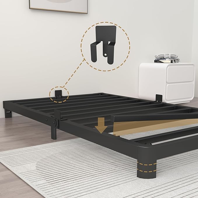 ITIMIDI 4 Inch Twin Bed Frame, Easy Assembly, Platform Bed Frames with Metal Gaskets, Round Corner Leg, No Box Spring Needed, Heavy Duty Steel Slat Support, Anti-Slip Mattress Stopper, Black