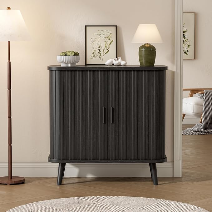 Buffet Cabinet with Storage, Curved-Edge Fluted Storage Cabinet Sideboard, Modern Black Sideboard Buffet with Adjustable Shelves & Sliding Door for Dining Room, Kitchen, Entryway
