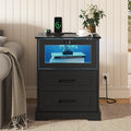 Hasuit Night Stand with Charging Station and LED Lights, Farmhouse Nightstand with 2 Drawers, Black Bedside Table for Bedroom