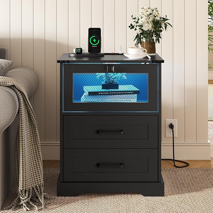 Hasuit Night Stand Set of 2 with Charging Station and LED Lights, Farmhouse Nightstand with 2 Drawers and Cubby with Wire Mesh Door, Black Bedside Table for Bedroom