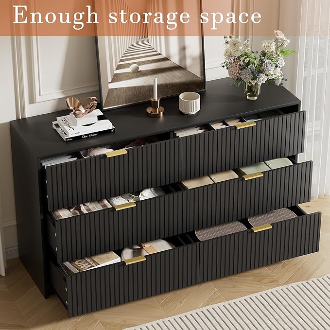 Black Dresser for Bedroom, Modern Dresser with 6 Drawers and Smooth Slides, Wide Chest of Drawers with Golden Handles for Bedroom, Living Room, Closet, 15.7" D x 55.1" W x 31.4" H