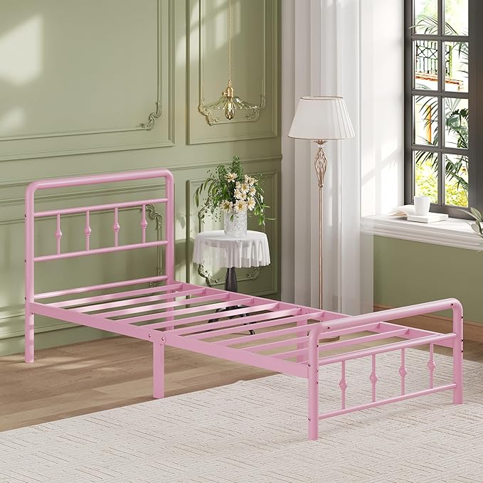 12 Inch Twin Bed Frames with Headboard and Footboard, Heavy Duty Twin Metal Mattress Foundation No Box Spring Needed, Noise Free, Easy Assembly, Pink