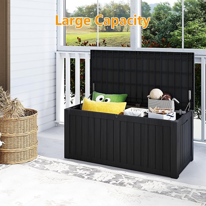 150 Gallon Resin Deck Box, Waterproof Outdoor Storage Box, Lockable for Patio Furniture, Garden Tools, Pool Accessories, UV-Resistant for All Weather Use, Black