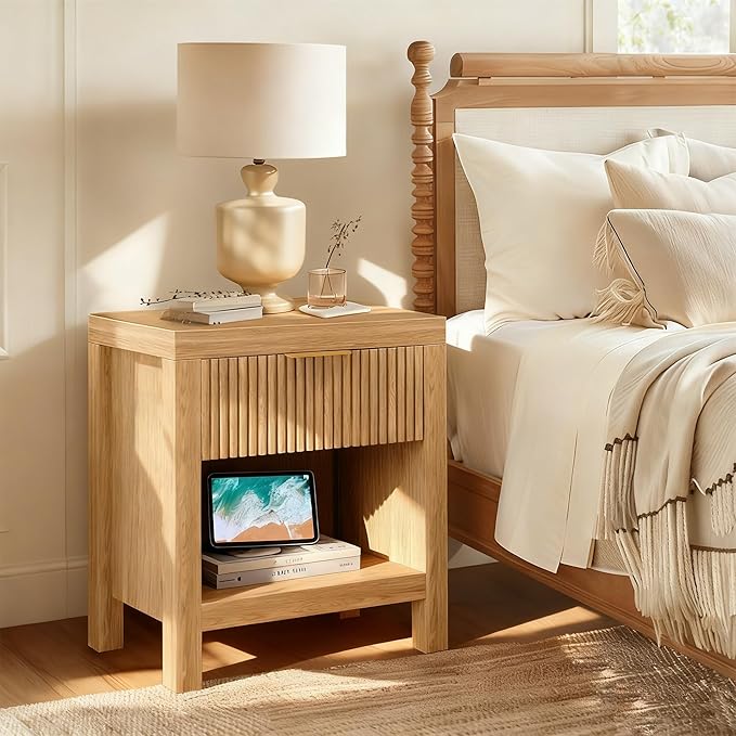 Nightstand Set of 2, End Table with 2 Drawers, Modern Bed Side Table with Storage, Farmhouse Fluted Cabinet Bedside Cabinet for Bedroom Living Room Sofa Couch Office Natural Oak