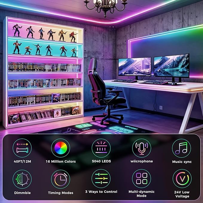 40FT RGB+IC COB LED Strip Lights, Bright Dream Color COB LED Light Strip with App & Remote Control, Color Changing, Music Sync, Dimmable for Bedroom, Kitchen, Gaming Room Home Decor （1 Roll）