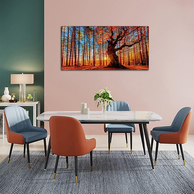 Large Forest Wall Art Forest Sunset Canvas Pictures Red Leaf Trees Landscape Canvas Artwork Contemporary Nature Picture for Living Room Bedroom Home Office Wall Decor Framed Ready to Hang 20" x 40"