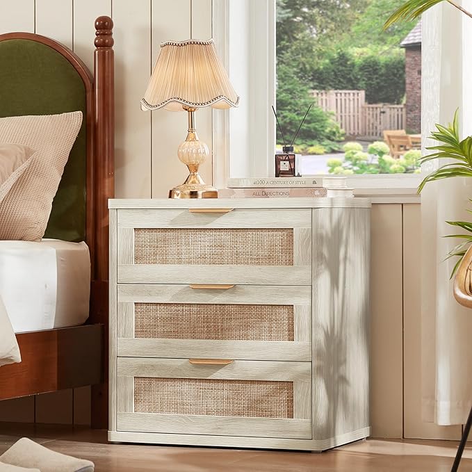 LEYAOYAO Boho Night Stands Set 2 with Storage, 23" Rattan Nightstand with 3 Drawers, Grey White Bed Side Table, Bedside End Tables for Bedroom, Living Room, Hallway