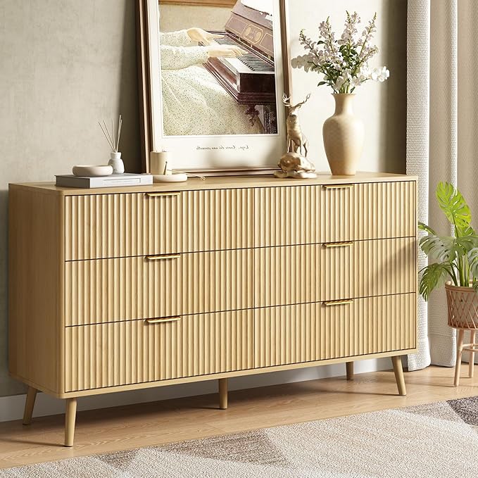 CARPETNAL Fluted 6 Drawer Dresser for Bedroom, 55" Wide Wooden Chest of Drawers with Rounded Corners, Gold Handles, Modern Storage Organizer for Bedroom, Hallway(Oak)