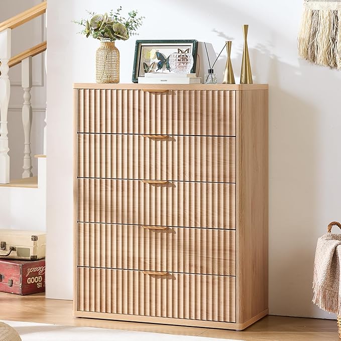 LEYAOYAO Fluted 5 Drawers Dresser Set of 2, 41" Tall Modern Chest of Drawers with Metal Handle, Curved Profile Dresser TV Stand, Wooden Drawer Organizer for Bedroom, Living Room, Hallway, Lightgrey