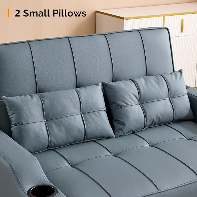 VINGLI Convertible Loveseat Sleeper, Blue Grey Faux Leather Futon Sofa Bed Pullout Couch Bed with USB Ports, Cup Holders, Armrest for Living Room, Bedroom, Home Office Apartment