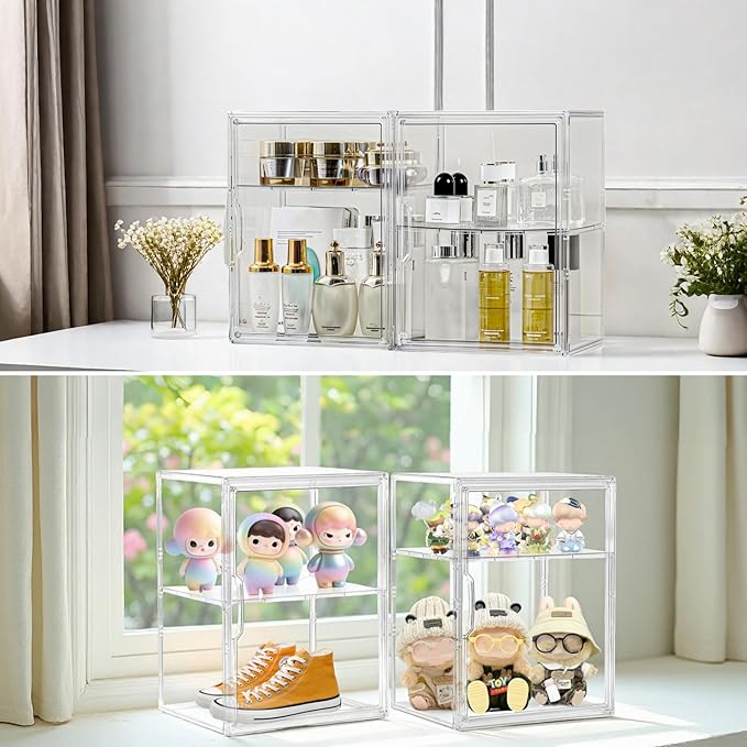 Attelite Large Clear Acrylic Display Case Shoe Storage Boxes With An Adjustable Divider,2 Pack 2 Tiers Clear Plastic Stackable Storage Bins With Lids Display Acrylic Box With Magnetic Door