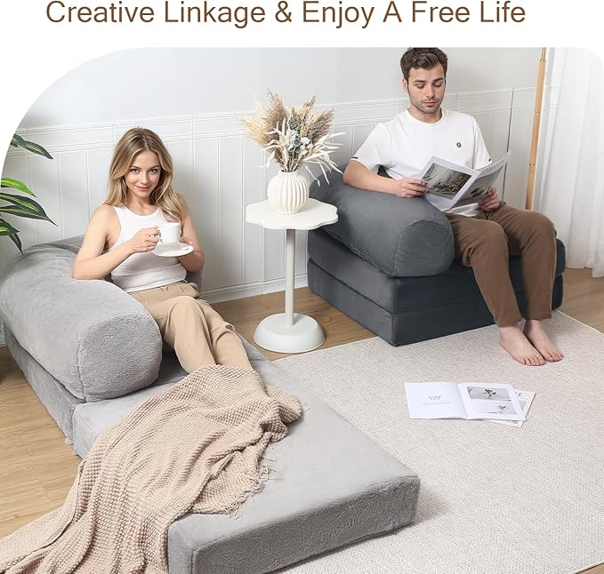COMAX Folding Sofa Bed Single, Fold Out Chair Bed, Foldable Sofa Chair, Convertible Sleeper Futon for Adults, Floor Couch Mattress for Small Spaces Bedroom Living Room Guest Room, Faux Fur Grey