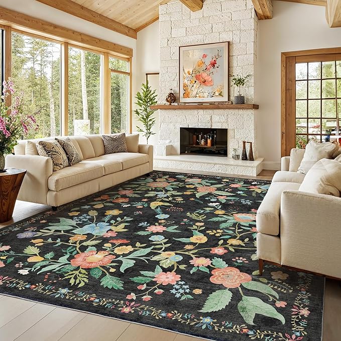 Amada 8x10 Area Rugs, Non-Slip & Low-Profile Large Area Rug with Reinforced Edge Binding, Washable Soft Boho Floral Rugs for Living Room, Bedroom, Dining Room