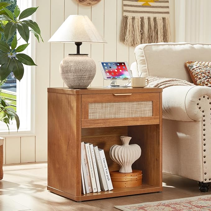 LEYAOYAO Rattan Dresser and Nightstand Sets 3 Piece, Boho Wood Dresser for Bedroom with 6 Drawers and Night Stand with Charging Station, Bedroom Furniture, Dressers & Chests of Drawers, Living Room