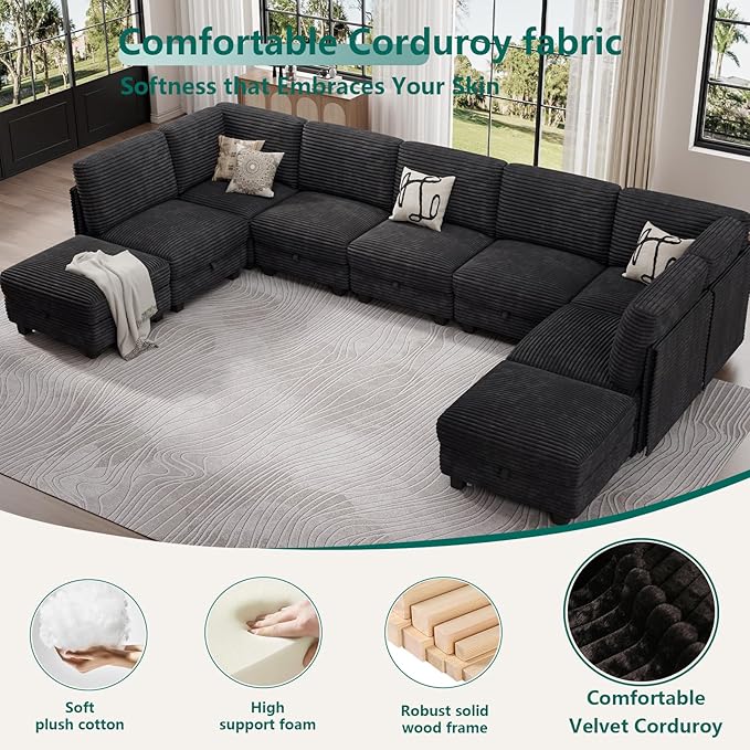 Modular Sectional Sofa with Adjustable Backrest, Large Convertible L/U-Shaped Sleeper Couch for Living Room, Cloud Sofa Bed Modern Reversible Design, Black