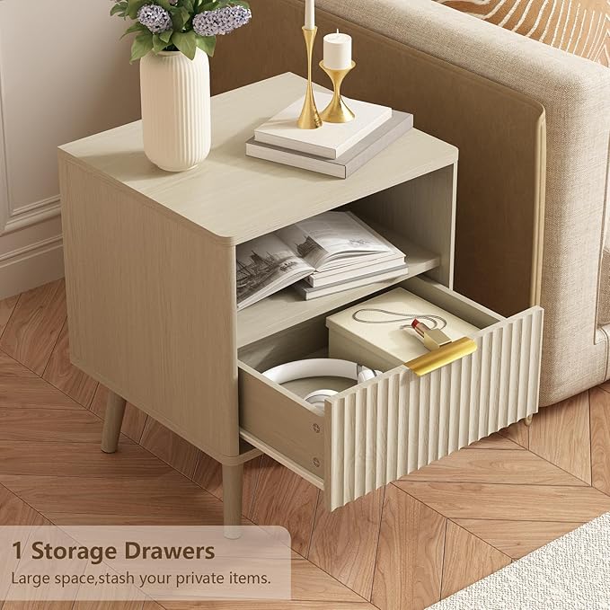 CARPETNAL Fluted Nightstand Set of 2, Beige Bedside Table with Drawer and Storage Shelf, Wood End Table Mid Century Night Stands for Bedroom Living Room