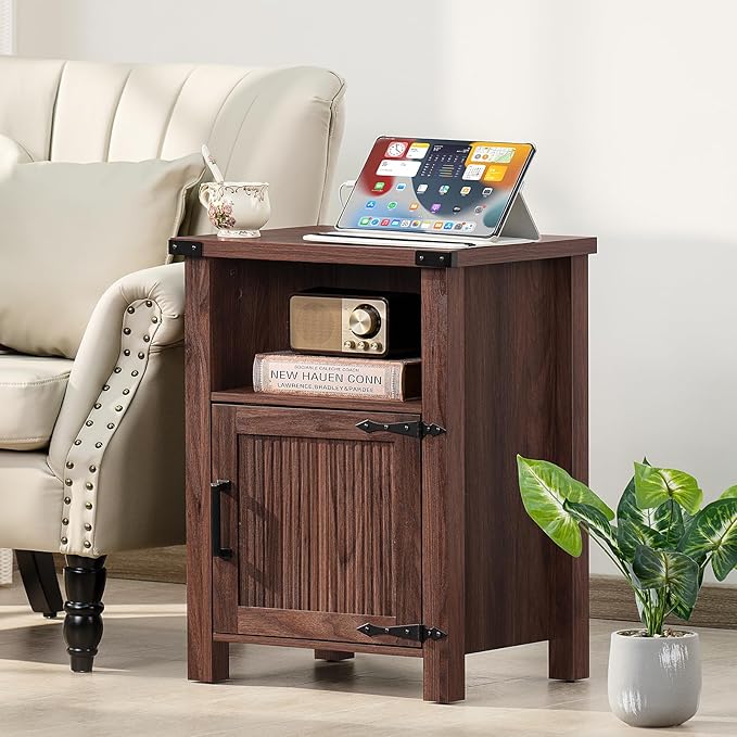 Joaxswe Night Stand, 18 Inch Farmhouse Nightstand with with Charging Station and USB Port, Rustic Couch End Table with Magnetic Door, Wood Bed Side Tables for Bedroom, Home, Brown Walnut