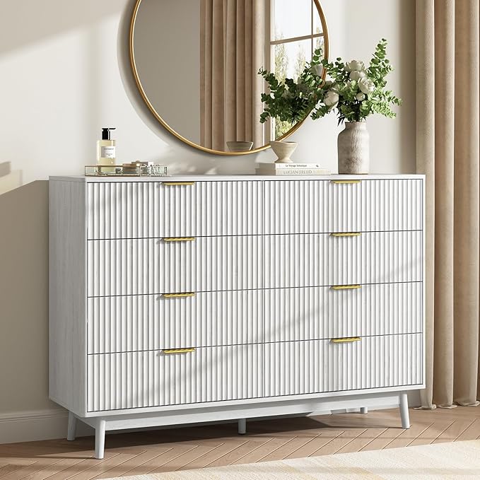 CARPETNAL Fluted 8 Drawer Dresser for Bedroom, 55" Wide Wooden Chest of Drawers with Rounded Corners, Gold Handles, Modern Storage Organizer for Bedroom, Hallway(White)