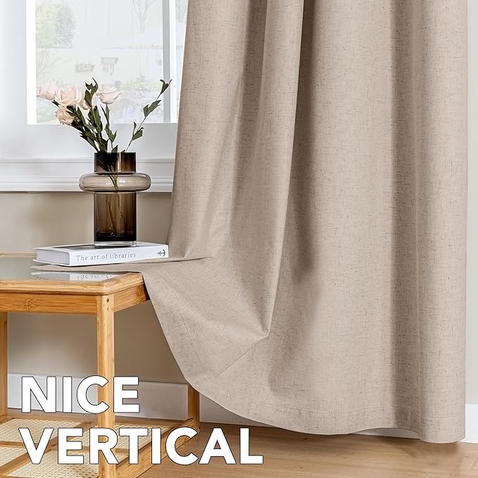 H.VERSAILTEX Linen Curtains 100% Blackout Curtains for Bedroom 54 inch Long Full Light Blocking Nature Linen Blended Window Curtains for Living Room Nickel Grommet (2 Panels, Heathered Sand)