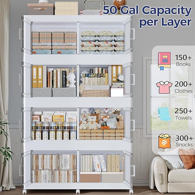 1000 QT Extra Large Stackable Storage Bins with Lid, 250 Gal Collapsible Storage Box with Wheels, Folding Closet Organizers and Storage Cabinet with Doors for Home Kitchen Office, 5Pack White
