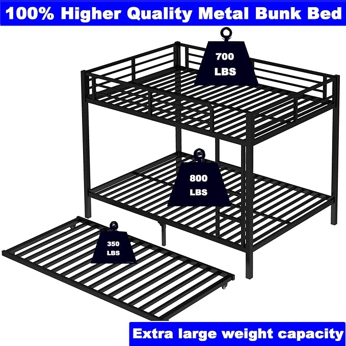 Upgraded Version Thicken Stronger Metal Heavy-Duty Full Over Full Bunk Bed with Twin Size Trundle, Bunk Bed for Adults with Ladders, Easy Assemble (Full/Full)