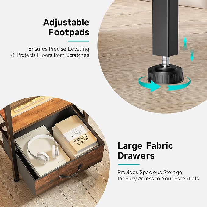 Night Stand Bedside Table Bedroom - Nightstand with Charging Station & LED Light Strip, Bed Side End Table with Storage Shelf & 3 Fabric Drawers, U-S-B Ports & AC Outlets, Rustic Brown