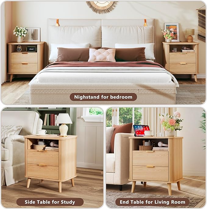 Fluted Nightstands Set of 2, Mid Century Modern Bedside Table with Drawer & Open Shelf, Curved Profile Design, Night Stand with Charging Station, End Side Table with Storage for Bedroom, Oak