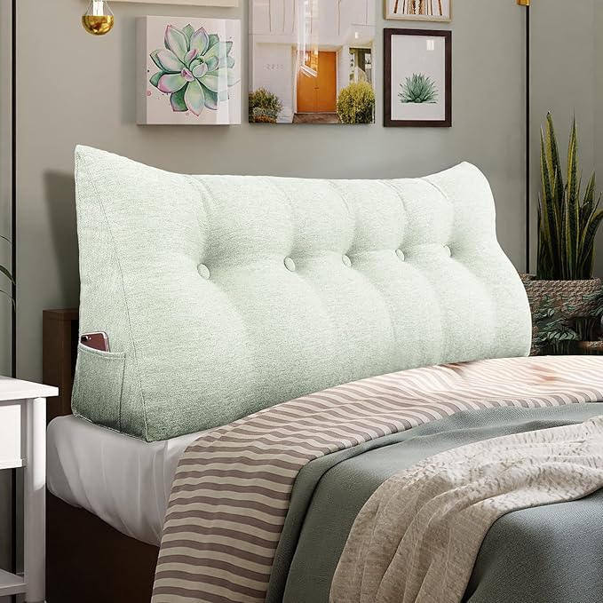 homecozy Wedge Headboard Pillow Dorm Room Reading Pillow Back Support for Sitting Up in Bed Bolster Lumbar Cushion Body Positioning Bedrest Cotton Linen 59in Grey-Beige Queen