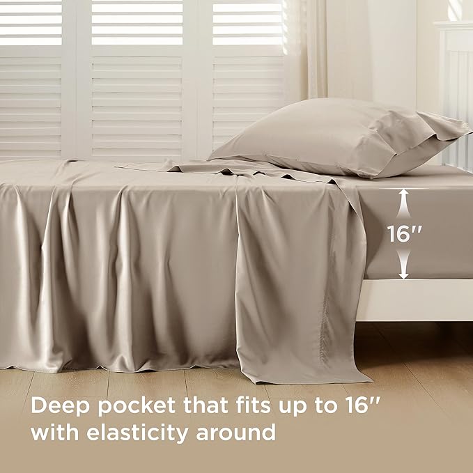 Bedsure Cooling Sheets Twin, Rayon Derived from Bamboo, Breathable & Soft Twin Sheets Set, Deep Pocket Up to 16 Inches, Hotel Luxury Silky Bedding for Hot Sleepers, Simply Taupe