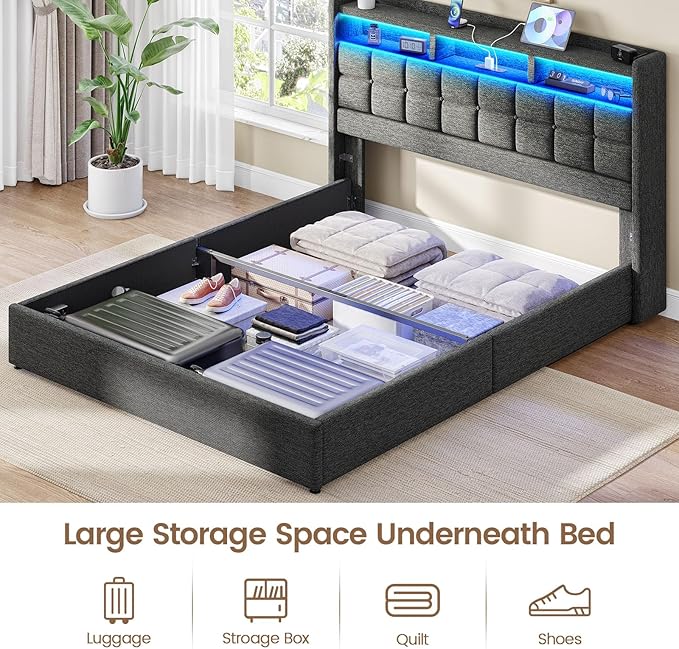 Lift Up King Size Bed Frame with Storage, Upholstered King Bed Frame with Charging Station and LED Lights Headboard, No Box Spring Needed, Easy Assembly - Dark Grey