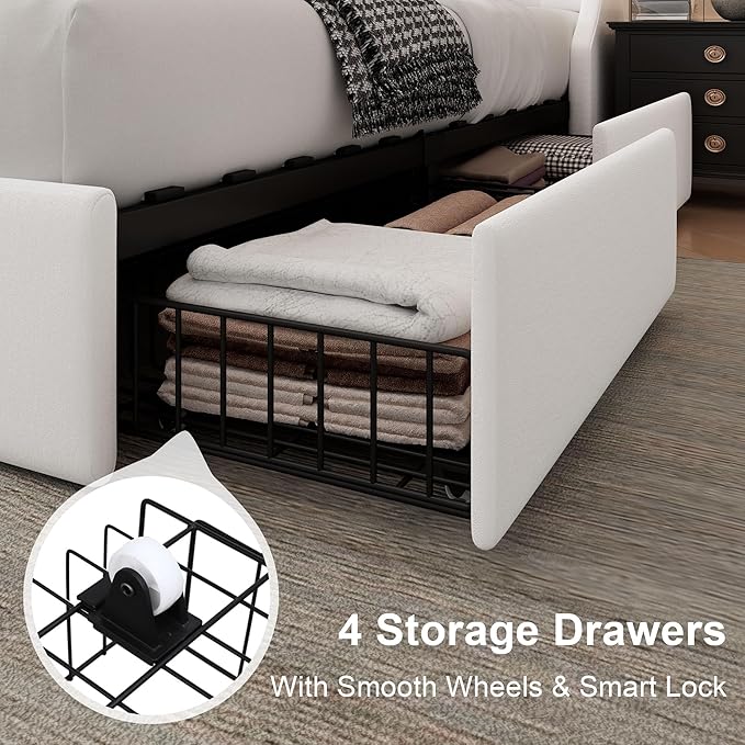 Feonase Upholstered Full Size Bed Frame with 4 Storage Drawers, Charging Station, Tufted Wingback Storage Headboard, No Box Spring Needed, Easy Assembly, White