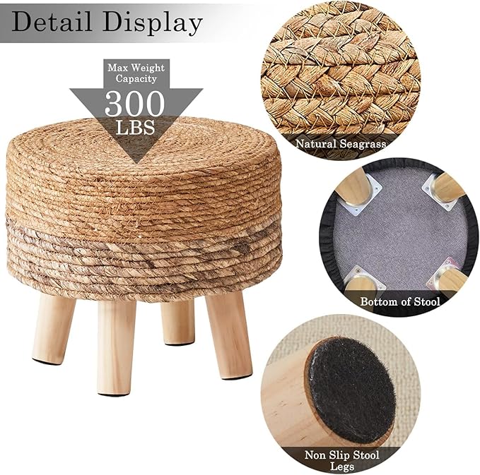 Wimarsbon Round Foot Stool Natural Seagrass Poufs Ottoman Hand Weave Footrest Stool for Couch Desk Extra Seat Step Stool with Solid Wood Legs for Hallway Patio Lounge Brown
