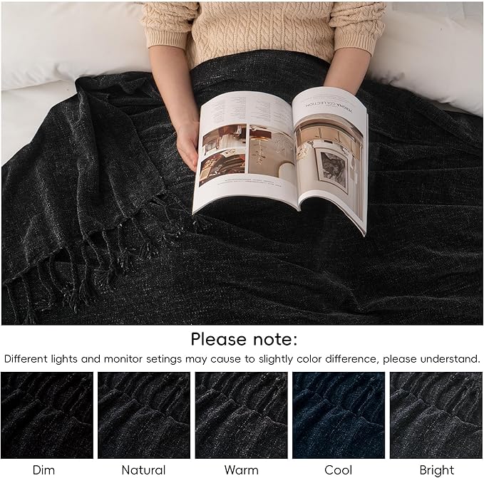 BATTILO HOME Black Throw Blanket for Couch, Bed, Sofa - Soft Cozy Chenille Throw with Fringe Tassels, Lightweight Chenille Knit Throw for Home Decor, 50"x60"