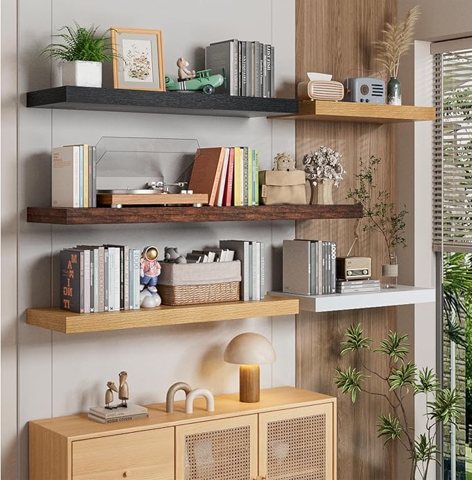 Heimlove 12" Deep Floating Shelves for Wall, 24 Inch Wall Mounted Shelf Set of 2 for Books Living Room Laundry Room Bedroom Kitchen Home Office, Rustic Brown