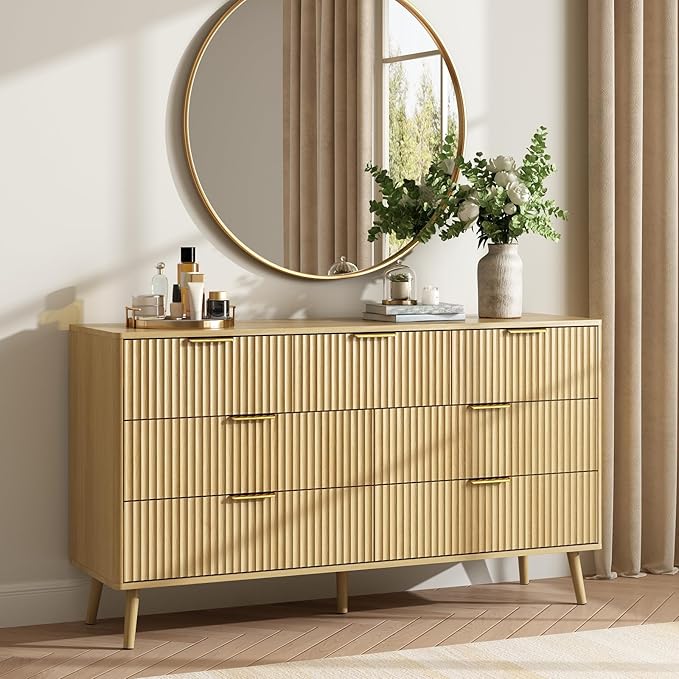 CARPETNAL Fluted 7 Drawer Dresser for Bedroom, 55" Wide Wooden Chest of Drawers with Rounded Corners, Gold Handles, Modern Storage Organizer for Bedroom, Hallway(Oak)