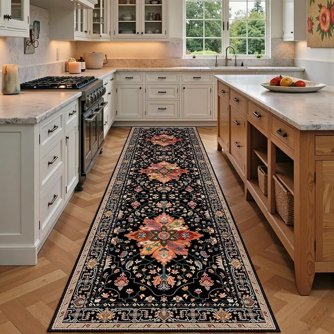 Area Rugs 3'x9' Washable Non-Slip, Floral Vintage Distress Print Pattern Medallion Carpet for Living Room Bedroom Dining Room, Black Colorful Floral Dark Tan