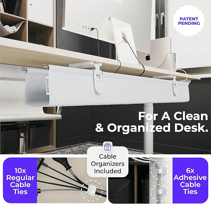Ascrono Original No Drill Under Desk Cable Management Tray 27.3" - Premium White Fabric Cable Management Under Desk - Clamp/Screw Mount Cord Organizer - Supports Upto 66lbs