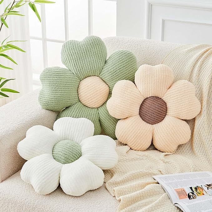 Kcvvcr Flower Throw Pillow, Cute Flower Shaped Pillow Decorative Throw Pillow for Bed Couch, Soft Daisy Pillows Floor Seating Cushion Cushions (14.9 Inch Ivory+Brown)