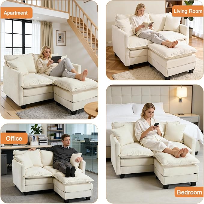 Loveseat Sofa with Ottoman, 50'' Modern L-Shape Cloud Couch Sofa Loveseat with 22'' Ottoman for Small Space/Apartment/Office/Living Room 8834-BEIGE-L