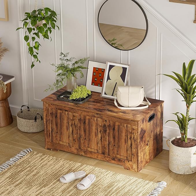 DINZI LVJ Storage Chest, 39.4” Wooden Toy Box with 2 Safety Hinges, Entryway Shoe Bench with Flip-Top, Sturdy Large Storage Trunk for Living Room, Bedroom, Playroom, Easy Assembly, Rustic Brown