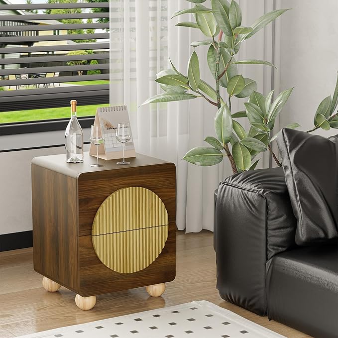 23" Fluted Nightstand with Solid Wood Legs Set of 2, Modern Style Walnut Bedside Table with Round Moon Handle & Storage, Mid Century Cute Night Stand for Bedroom, Side Table, End Table