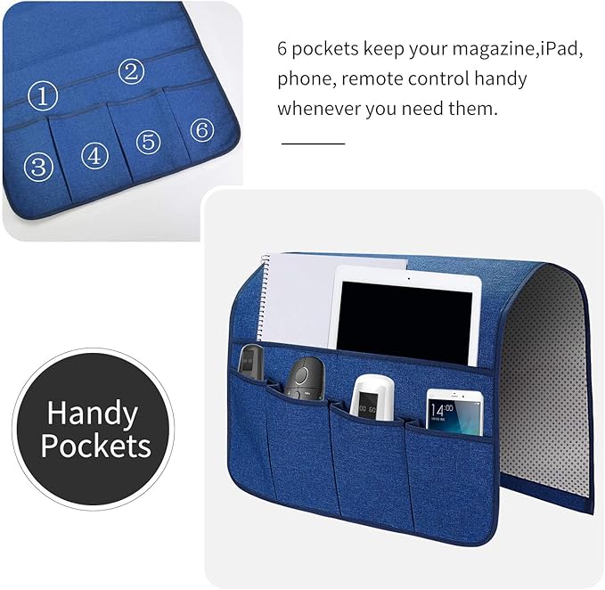 SYSOV Sofa Armrest Organizer, Remote Control Holder for Recliner Couch, Arm Chair Caddy with 6 Pockets for Magazine, Tablet, Phone, iPad (Blue, W19'' x L33'')
