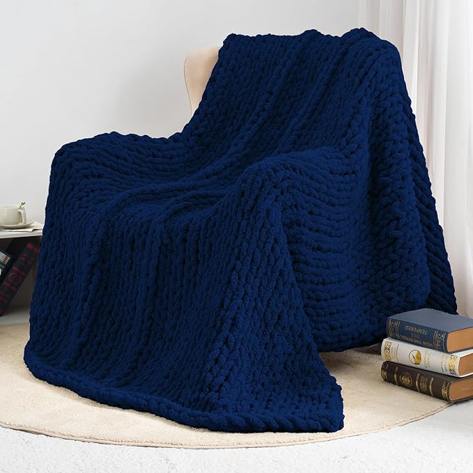 Chunky Knit Throw Blanket 60"X 80", 100% Handmade with Soft Chenille Yarn, 6.7lbs Thick Cable Knitted Blankets, Large Rope Knot Crochet Throws for Couch Sofa Bed Home Decor, Navy Blue