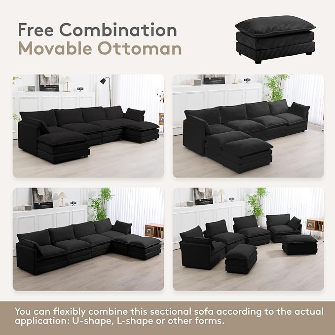 ROWHY 148'' Sectional Cloud Couch with 2 Ottomans, Oversized 4 Seat Sleeper Sofa with 2 Throw Pillows, Convertible Upholstered U Shaped Cozy Sofa Furniture Set for Living Room and Office, Black