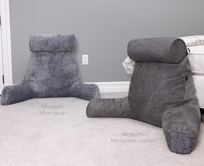 Husband Pillow XXL Aspen Edition, Adult Reading Sit Up Bed Rest Pillow for Bed with Arms & Neck Roll on Bungee Cord - Premium Memory Foam - Reversible 2 Sided Cover Micro Suede or Plush, Iron Grey
