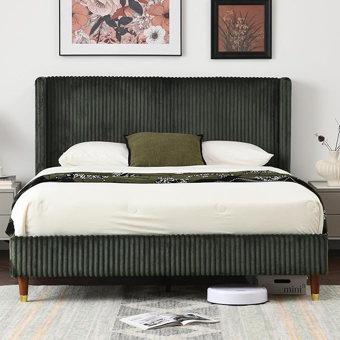 PINJU Full Size Bed Frame, Upholstered Platform Bed with Modern Vertical Striped Wingback Headboard with Wooden Slats, Easy to Assemble No Noise Free (Green, Full)