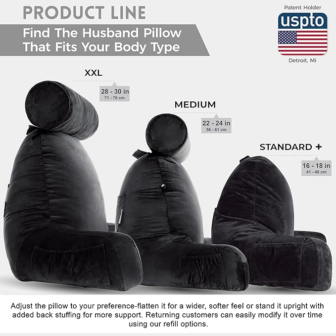 Husband Pillow XXL - Reading Pillow Bed Chair with Arms & Back Support - Black - Back Pillow for Bed Sitting Up - BedRest Arm Pillow - Comfy Reading Pillow for Adults