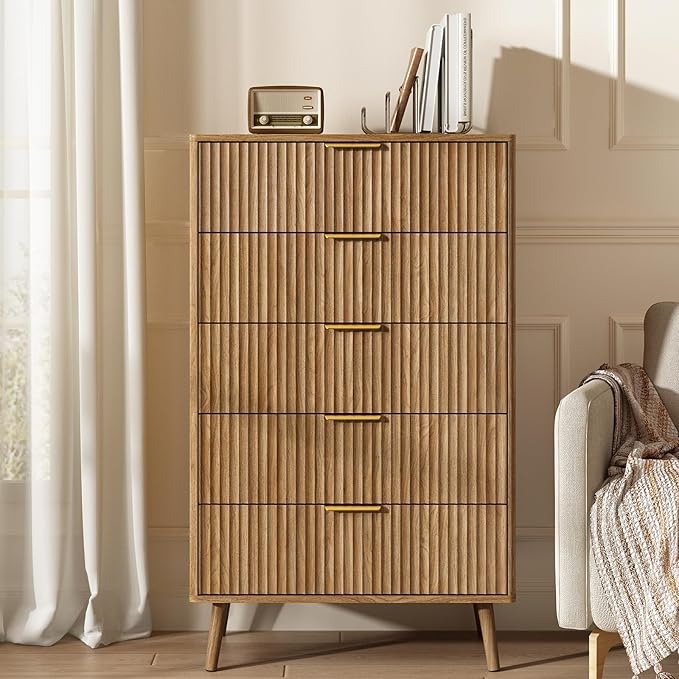 CARPETNAL Fluted 5 Drawers Dresser for Bedroom, 45" Tall Wooden Chest of Drawers with Rounded Corners, Gold Handles, Modern Storage Organizer for Bedroom, Hallway (Walnut)